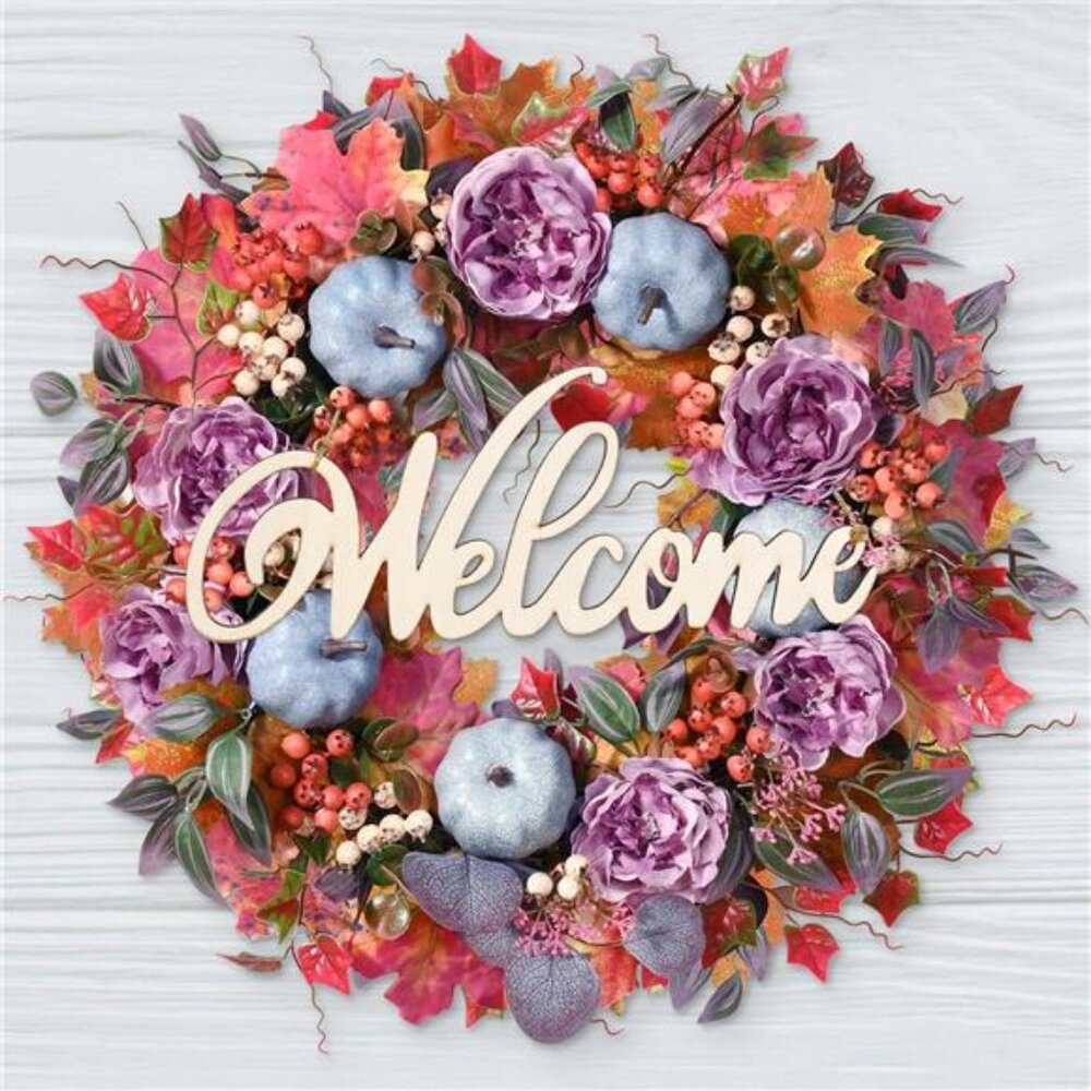 20" Autumn Wreath‎ with Silk Peony Maple Leaf & Pumpkin, Handcrafted with Lights